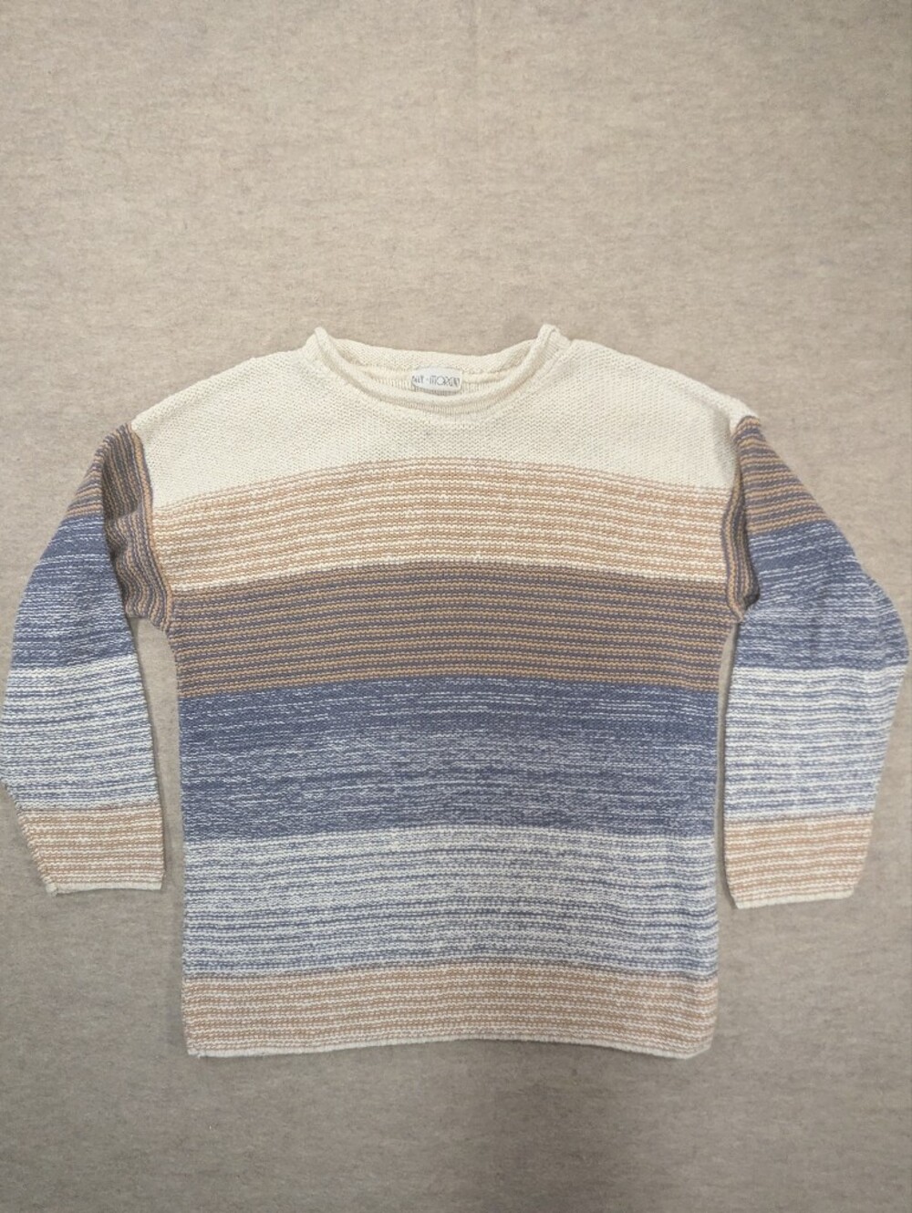 Vintage Rolled Neck Beachy Natural Coastal Grandma Blue Tan Cream Sweater Large